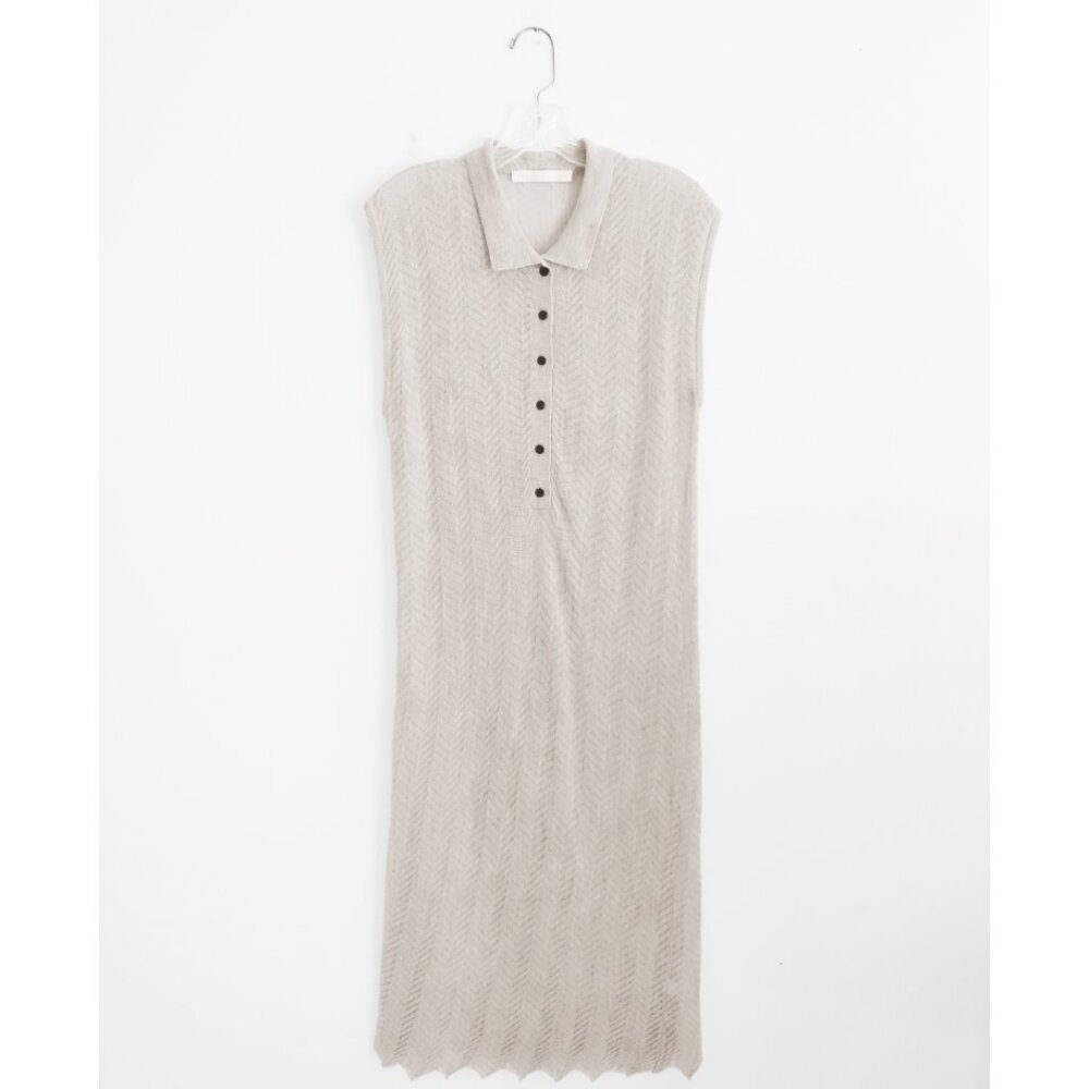 Creatures of Comfort Light Taupe Thin Wool Chevron Knit Semi-Sheer Midi Dress M